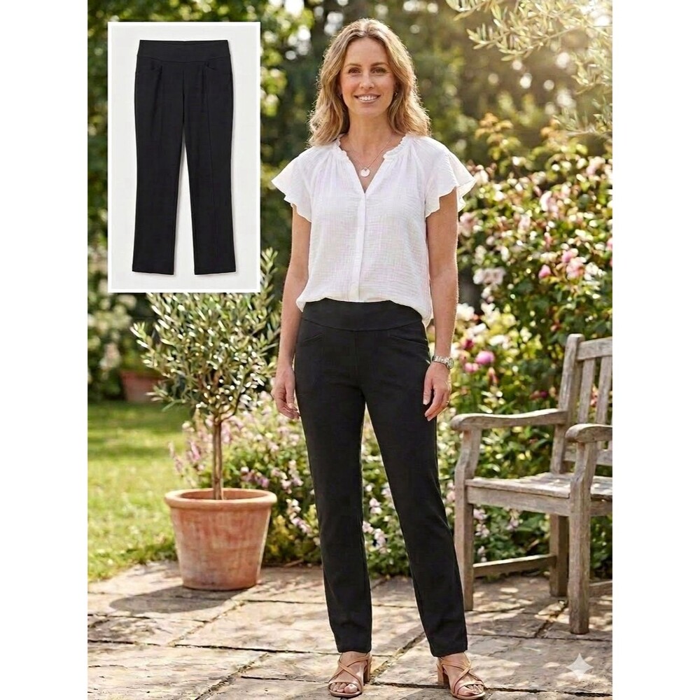 Cato Petite SP Black Knit Pull-On Straight Leg Dress Stretch Pants Pockets